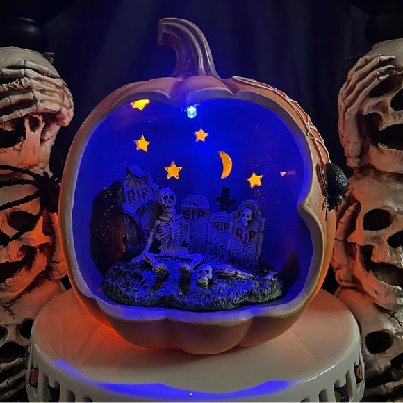 Halloween 7" Color Changing Spooky Skeleton Graveyard Scene Spiderweb Pumpkin - Picture 14 of 15